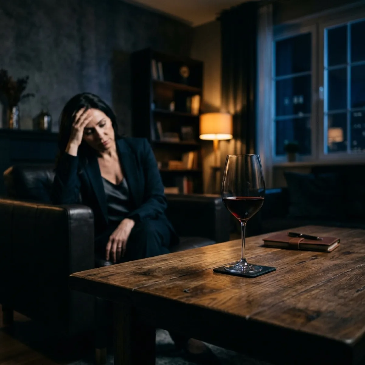 Скрытый алкоголизм: девушка с бокалом вина в темной комнате