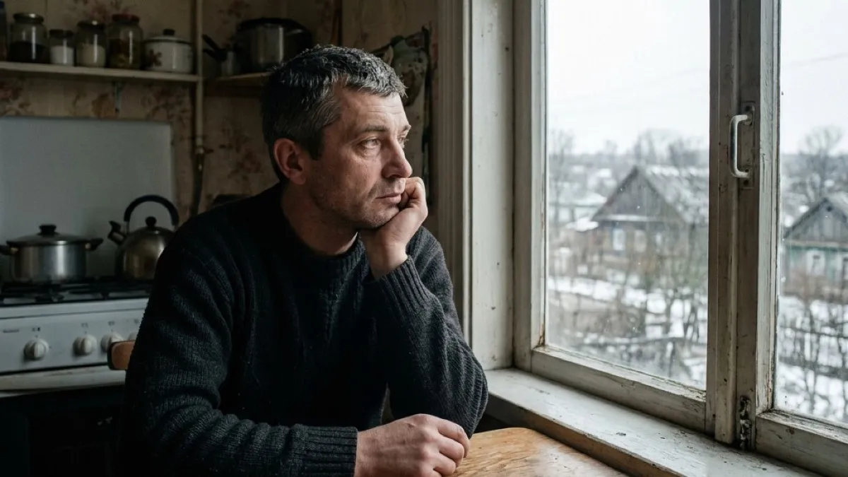 Мужчина со славянской внешностью сидит за столом, задумчиво смотрит в сторону, на столе пачка сигарет и пепельница